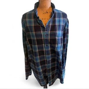 Lands' End Blue Plaid Flannel Shirt XL Oversized Button Down Fall Layering